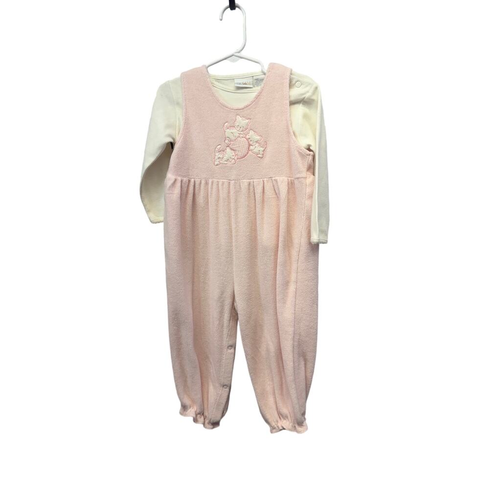 Vintage Cuddle Bear  Pink Knit Overalls white Sweater Girls 24 Months 1980s nwot